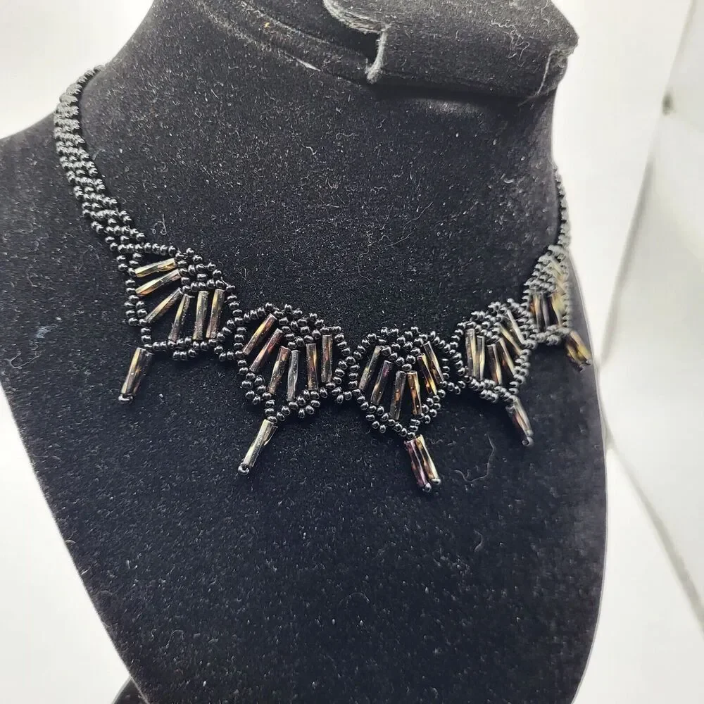 Antique Beaded Woven Victorian Beaded Silver and Black Choker Necklace 15.5 in